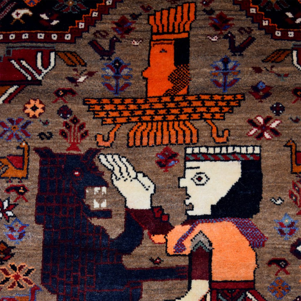 3' x 5' Persian Qashqai Carpet Featuring King Bahram vs. The Lion detail of battle between Bahram and lion