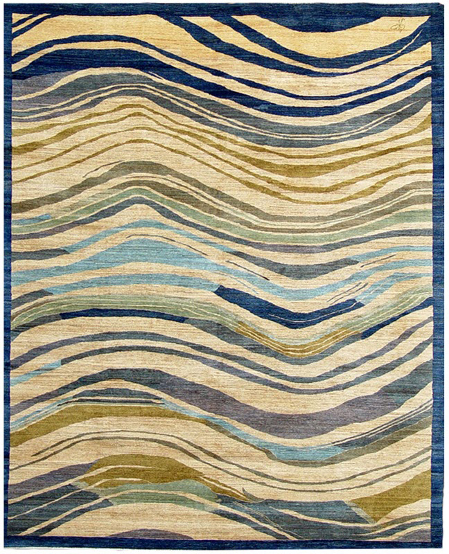 Blue Abstract Waves Wool Rug