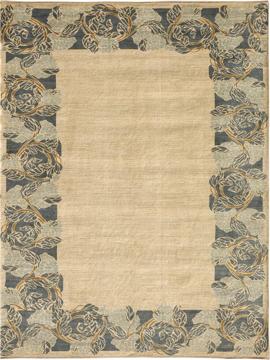 In Bloom - 9x12 - Cream, Indigo, and gold Modern Carpet