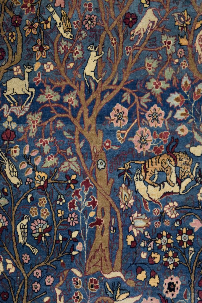 Antique Tehran Tree of Life Hunting Scene Carpet detail photo