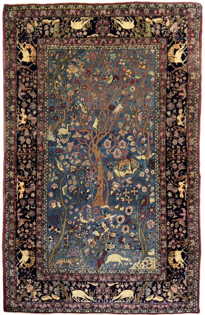 Antique Tehran Tree of Life Hunting Scene Carpet face photo