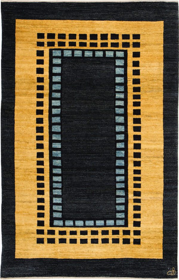 Blue Borders – Indigo and Gold Wool Persian Art Deco Carpet - 5x7 - overall photo