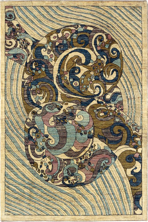 Typhoon – Persian Art Nouveau Carpet – Cream, Blue, Purple, and Taupe Wool – 4’x6’ - overall photo