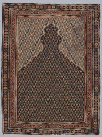 Senneh Prayer Rug with floral pattern in field and multibanded geometric border
