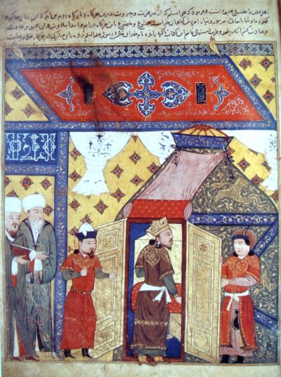 This colorful image represents the Ilkhanid textile patterns that include both Chinese and Persian motifs. The illustration depicts King Ghazan's conversion from Buddhism to Islam and is adorned with the Chinese dragon as well as Persian calligraphy and Arabesque patterns.