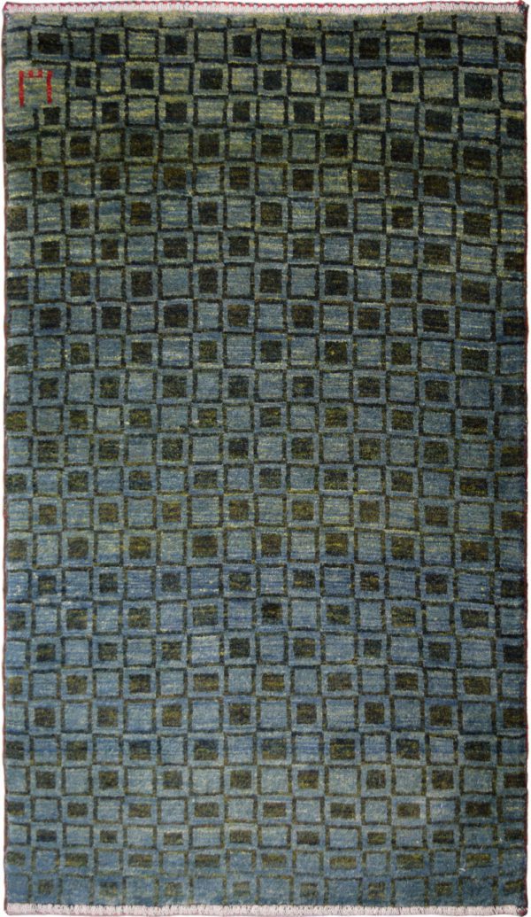 Blue and Green Wool Persian Gabbeh Carpet with Geometric Pattern overall photo