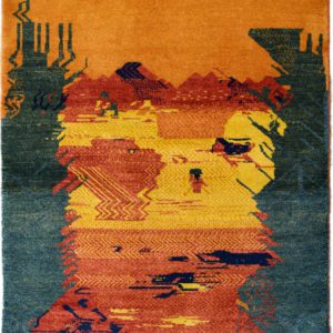 Persian Gabbeh Tribal Rug, Orange & Teal Mountain Motif, 4x6 overall carpet photo