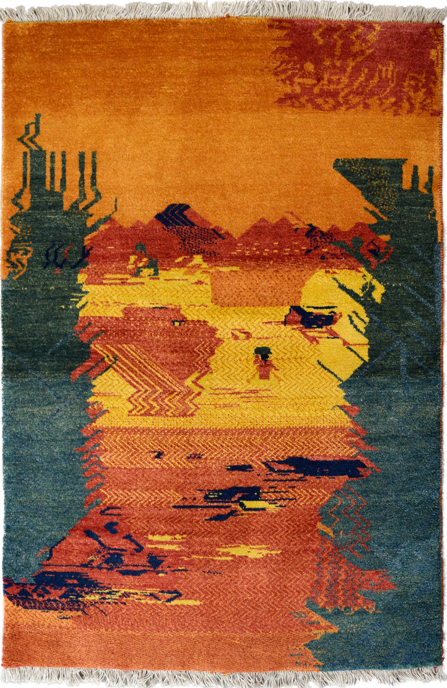 Persian Gabbeh Tribal Rug, Orange & Teal Mountain Motif, 4x6 overall carpet photo