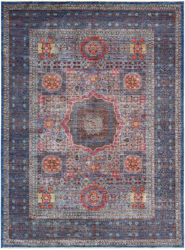 Indigo and Red Transitional Mumluk Carpet overall photo - 5'8"x7'7"