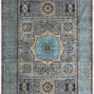 Hand-knotted Aqua Blue, Gray, and Gold Mumluk Carpet - 6'8"x9'8"
