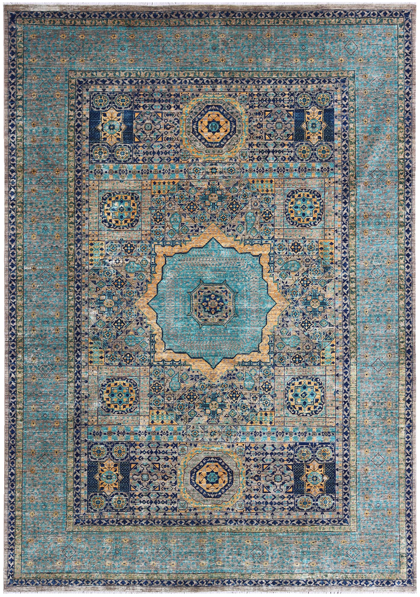 Hand-knotted Aqua Blue, Gray, and Gold Mumluk Carpet - 6'8"x9'8"