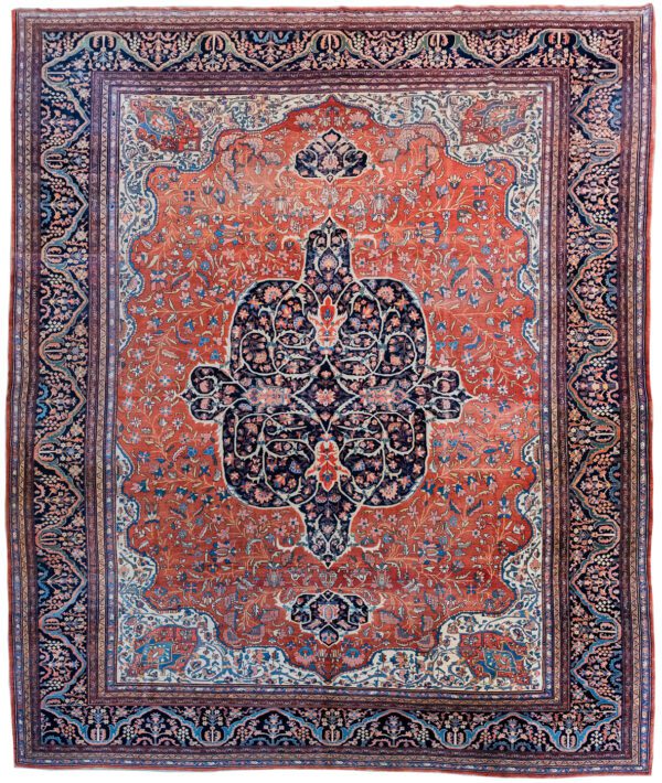 Antique Orange, Red, and Indigo Persian Farahan Carpet - 10'x14' - overall carpet photo