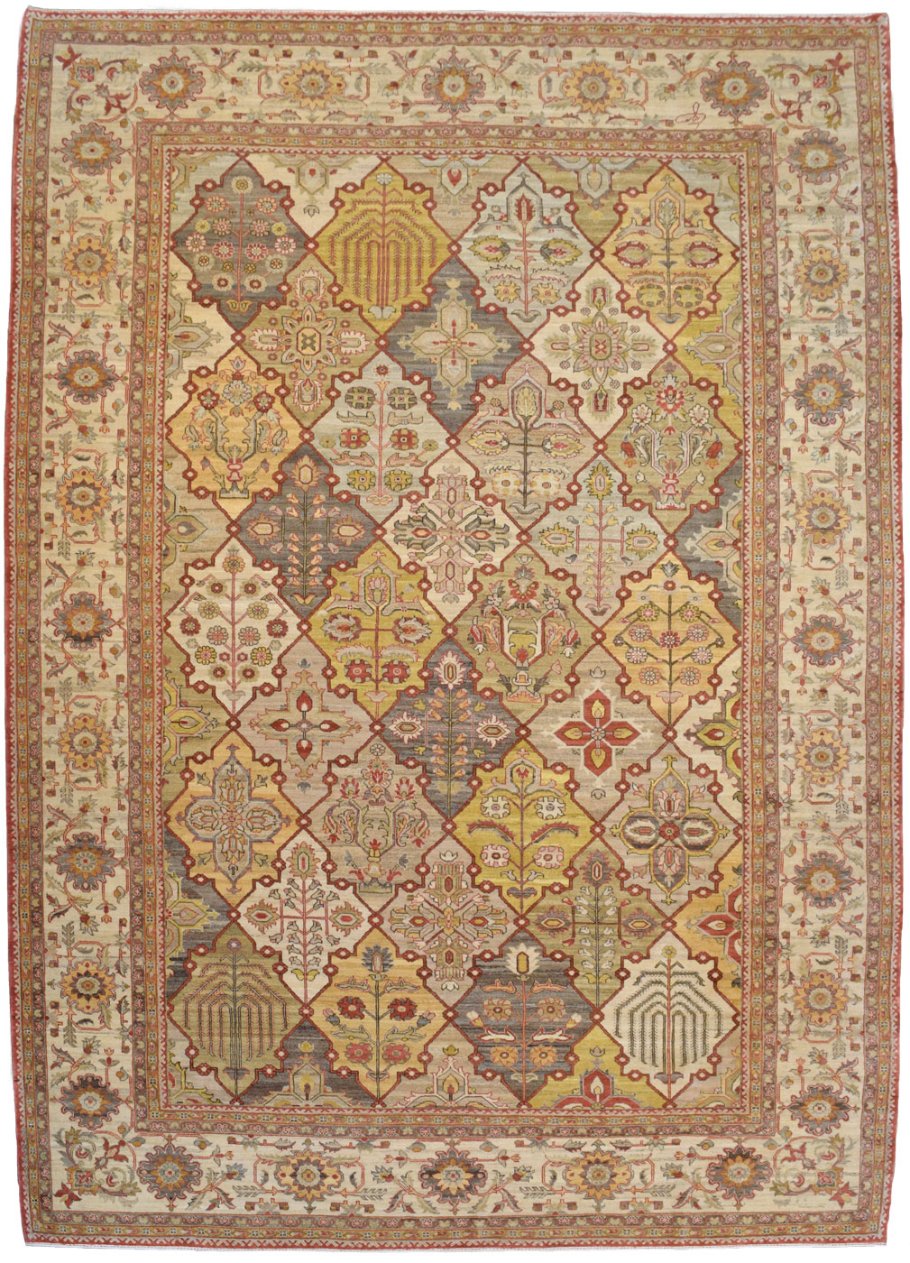 Transitional Red, Taupe, and Gold Persian Bakhtiari Carpet from Orley Shabahang – 10’x14’. Overall carpet photo.