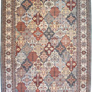 Transitional Cream, Soft Blue, and Orange Persian Bakhtiari Carpet from Orley Shabahang – 10’x14’. Overall carpet photo.