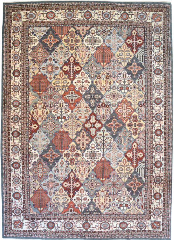Transitional Cream, Soft Blue, and Orange Persian Bakhtiari Carpet from Orley Shabahang – 10’x14’. Overall carpet photo.