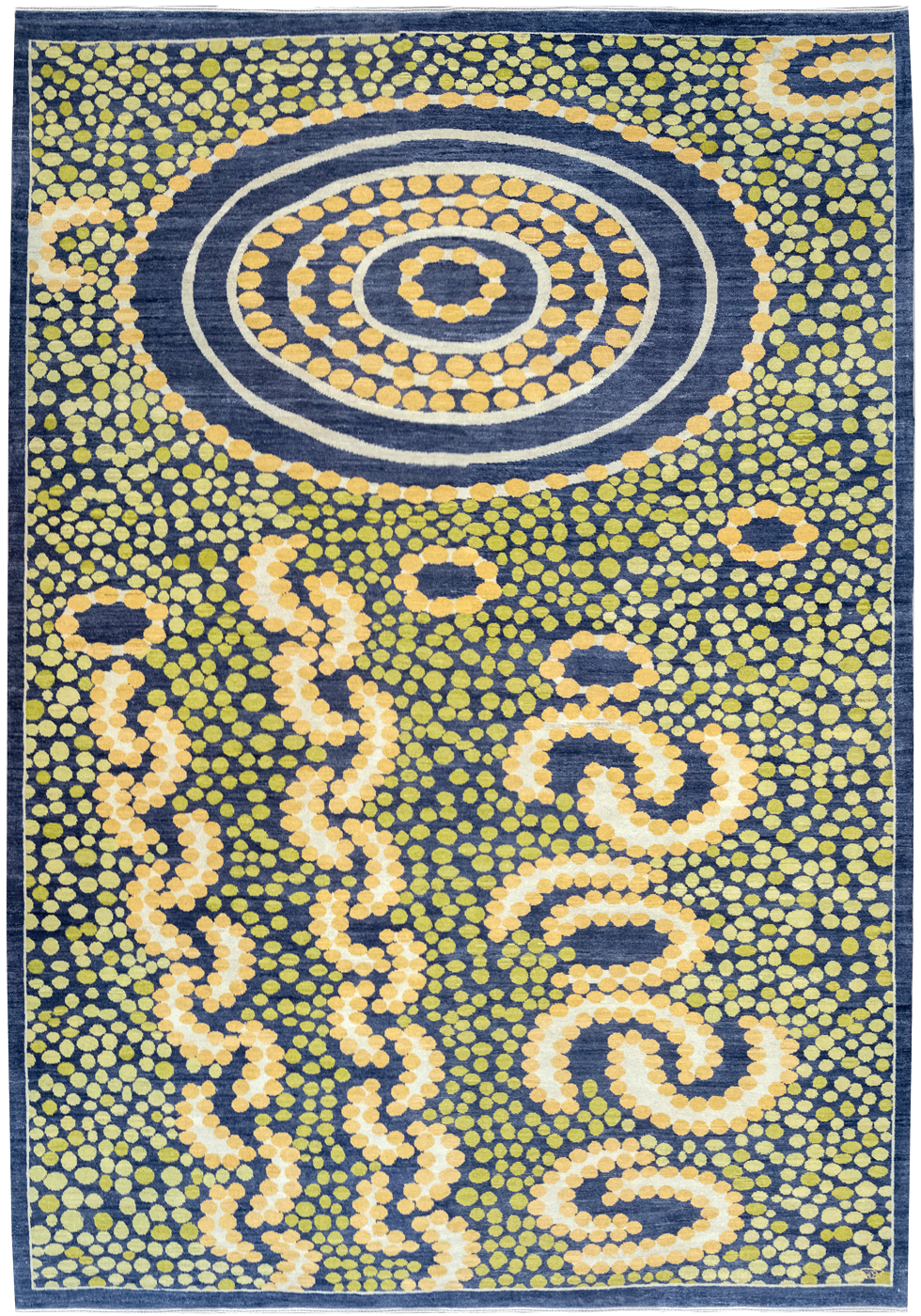 Gold, Cream, and Gray Migaloo Hand-knotted Persian Carpet. Overall carpet photo.