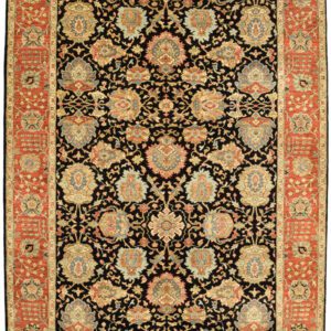 Warm and Bold Persian Agra Carpet – Red, Orange, & Black Wool. Overall carpet photo.