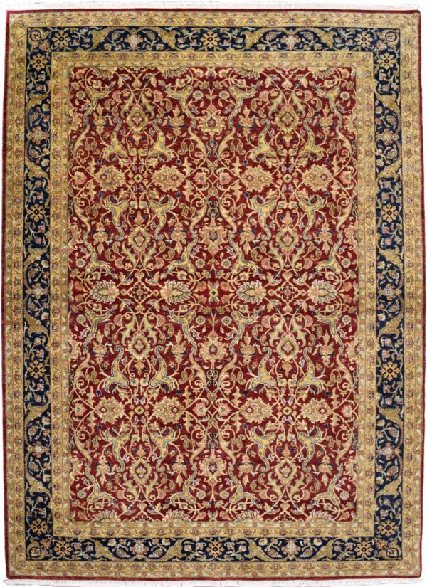 Romantic Red, Taupe, and Indigo Hand-knotted Lavar Carpet – 6’x9'. Overall carpet photo.