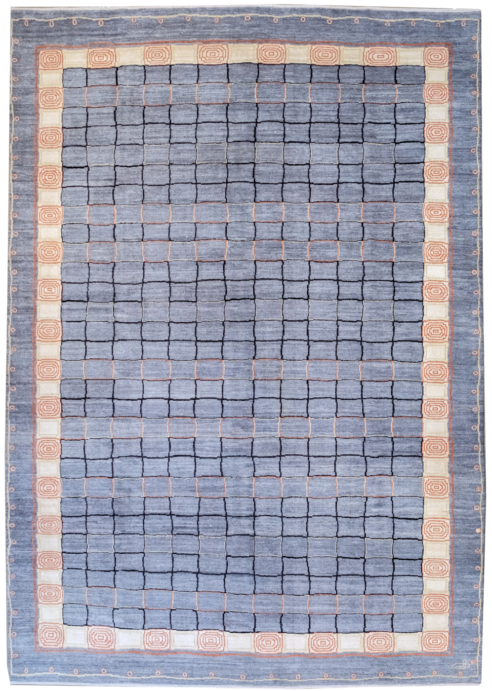 Orley Shabahang’s “Ionic Gabbeh” Geometric & Versatile Shag Carpet in Gray and Cream. Overall carpet photo.