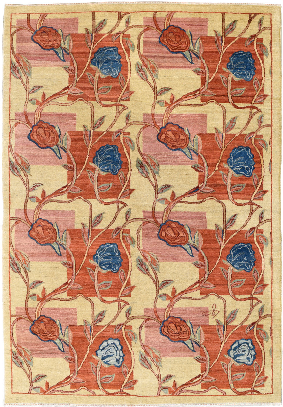 Rose Garden - Red, Pink and Indigo Contemporary Arts & Crafts Floral Rose Carpet - 4x6 - Overall Carpet Photo