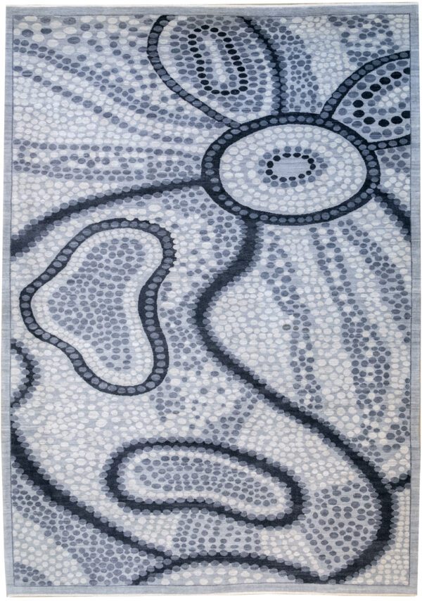 Badu - Contemporary Australian Aboriginal dream inspired Persian Carpet- 9'x 12'. Overall carpet photo.