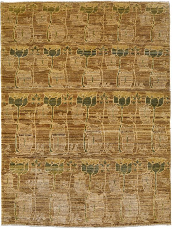 Floral Dance - Neutral, Green, and Gold Contemporary Arts & Crafts Carpet - 4x6 - Overall Carpet Photo
