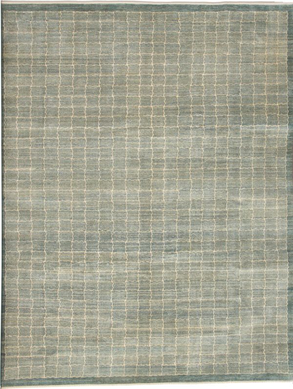 Teal and cream wool and silk hand knotted Persian carpet, Cloud Cover, a contemporary architectural design with softness.