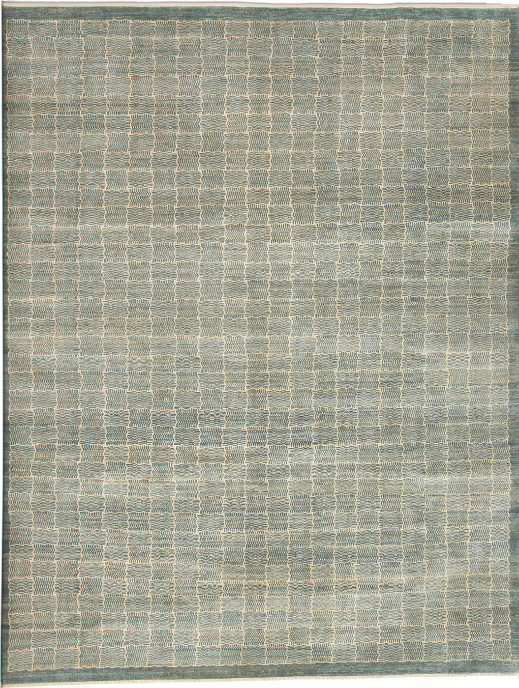 Teal and cream wool and silk hand knotted Persian carpet, Cloud Cover, a contemporary architectural design with softness.