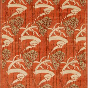 10' X 14' Red, cream, and orange contemporary art nouveau Persain carpet. Hand knotted with organic wool.