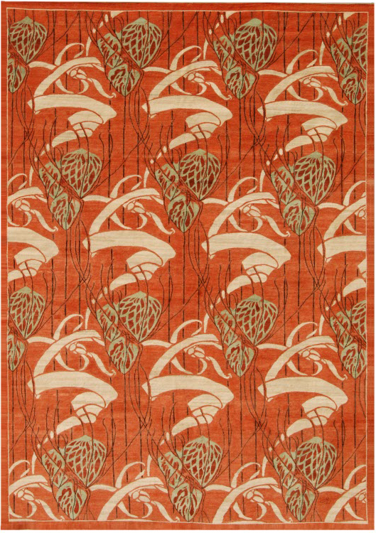 10' X 14' Red, cream, and orange contemporary art nouveau Persain carpet. Hand knotted with organic wool.