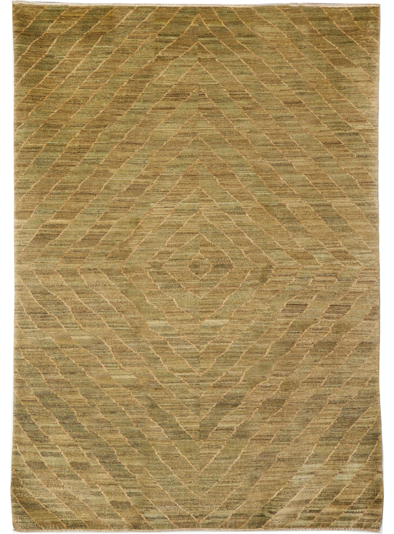 Soft and durable wool Persian carpet woven in green and taupe wool. Carpet measures five feet two inches by seven feet three inches.