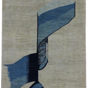 Blue, indigo, and cream wool abstract contemporary handknotted carpet from Persian Calligraphy, 4x6 with light background