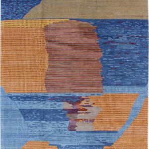 Indigo, gold, and red wool abstract hand knotted Persian carpet measuring 9' x 12'.