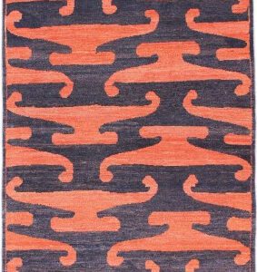 Indigo and orange contemporary and abstract Persian carpet runner sized 3' x 7'. Hand knotted with organic wool.