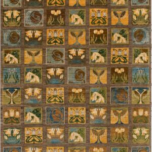 Art nouveau hand knotted Persian carpet in 8' x 10'. Hand knotted with shades of blue, yellow, gold, and brown organic wool.