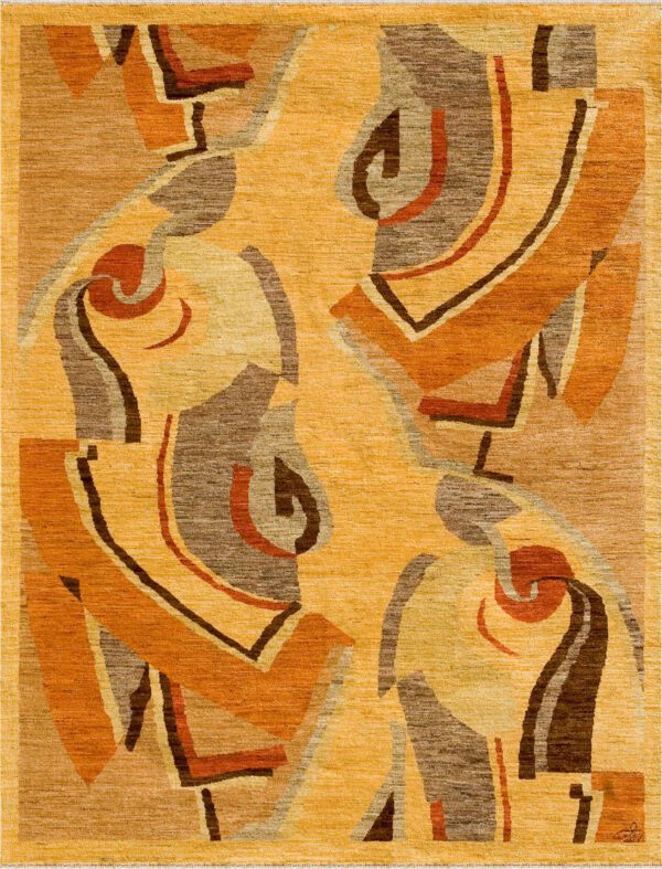 Fine Handknotted Heirloom Quality Persian Area Rug Cubist Dance Gold and Orange Abstract 5x7 Sustainable and Organic Process