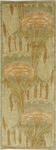 Light green art nouveau Persian carpet runner measuring 3' x 8'. Hand knotted in shades of green and cream.