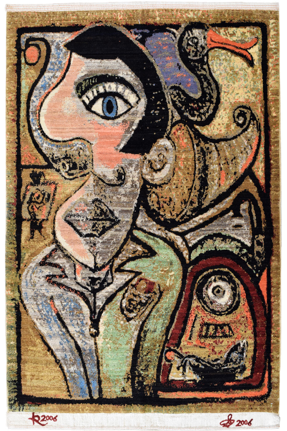 Hand knotted Persian rug, 4' x 6,' in shades of black, blue, pink, red, gray, green, and purple wool. Soft and durable due to organic wool.