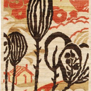 Contemporary and abstract hand knotted Persian carpet. Woven with brown, cream, tan, and coral organic wool.