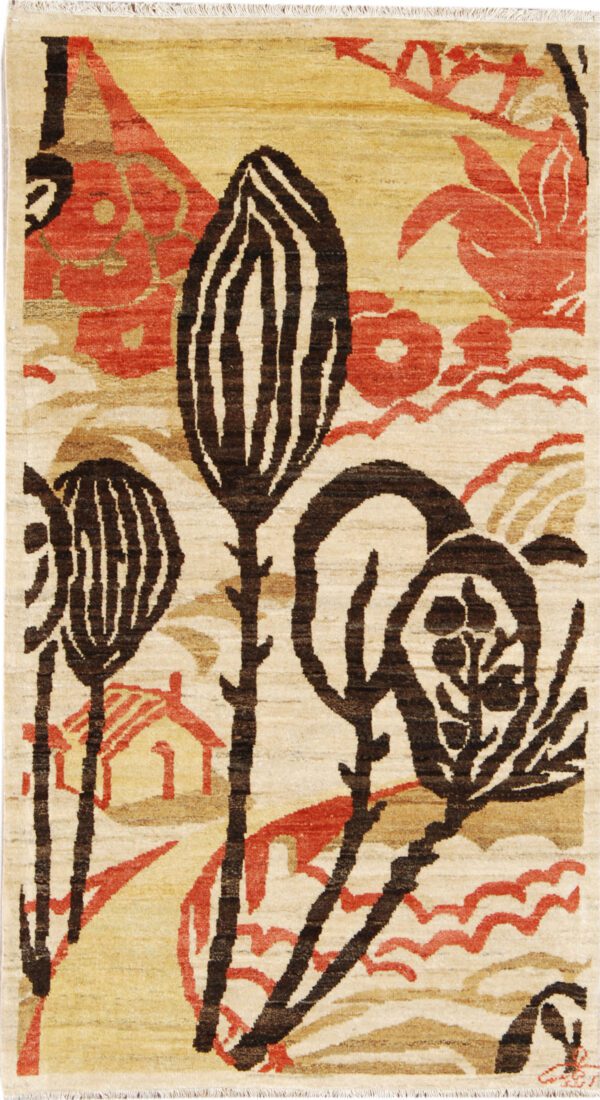 Contemporary and abstract hand knotted Persian carpet. Woven with brown, cream, tan, and coral organic wool.