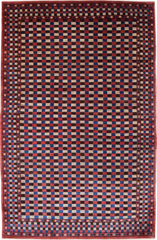 Red, Indigo, and brown checkered wool Persian carpet. This carpet is hand knotted, durable, and comfortable and measures five feet eight inches by eight feet ten inches.