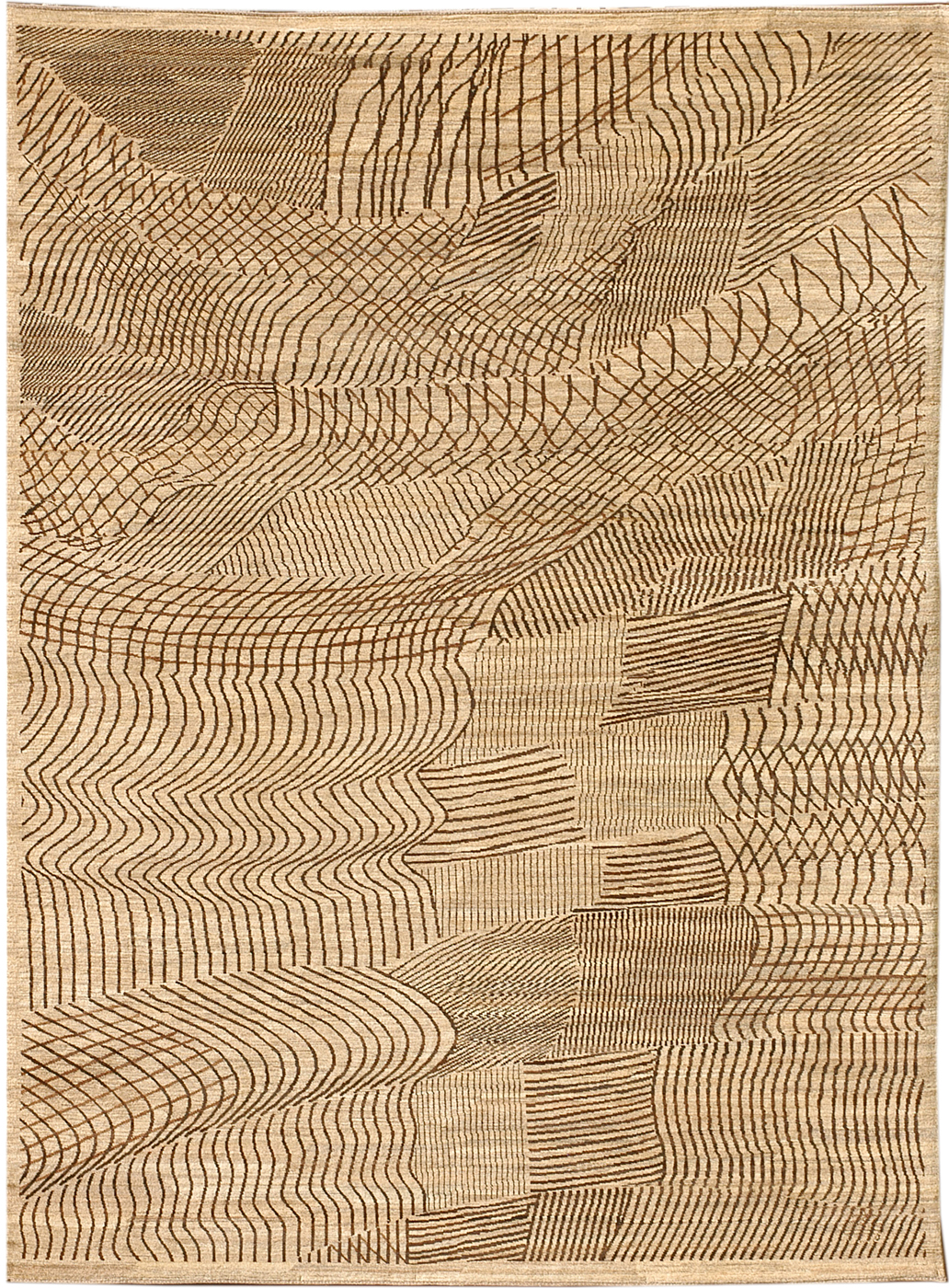 Curvilinear and contemporary Persian carpet inspired by the sound and movement music evokes. Carpet was woven with wool and measures 9' x 12'.