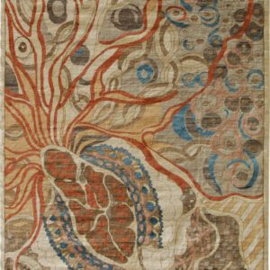 10' x 14' abstract wool Persian carpet. Durable and soft it is hand knotted in blue, red, cream, and coral wool.