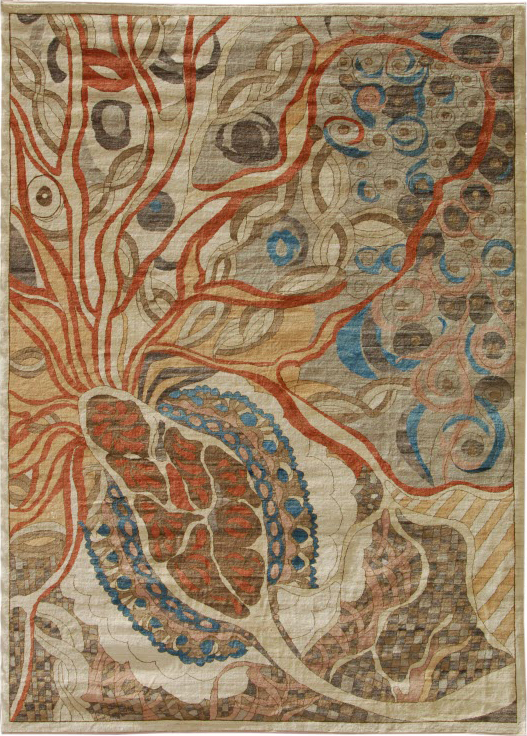 10' x 14' abstract wool Persian carpet. Durable and soft it is hand knotted in blue, red, cream, and coral wool.