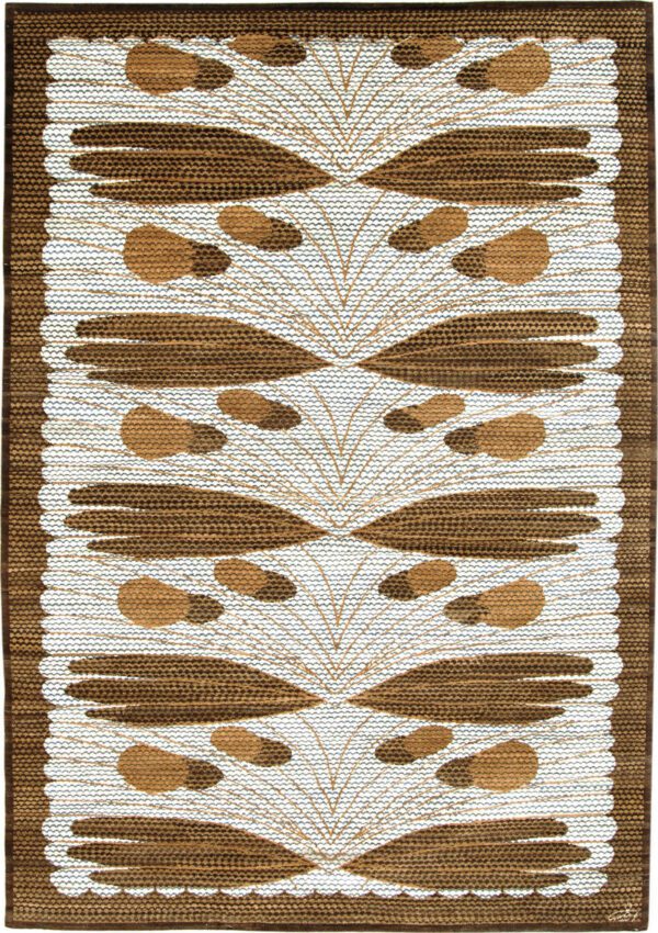 Cream, brown, and black abstract contemporary hand knotted wool Persian carpet, 6' x 9.' Soft and durable, made with organic wool.