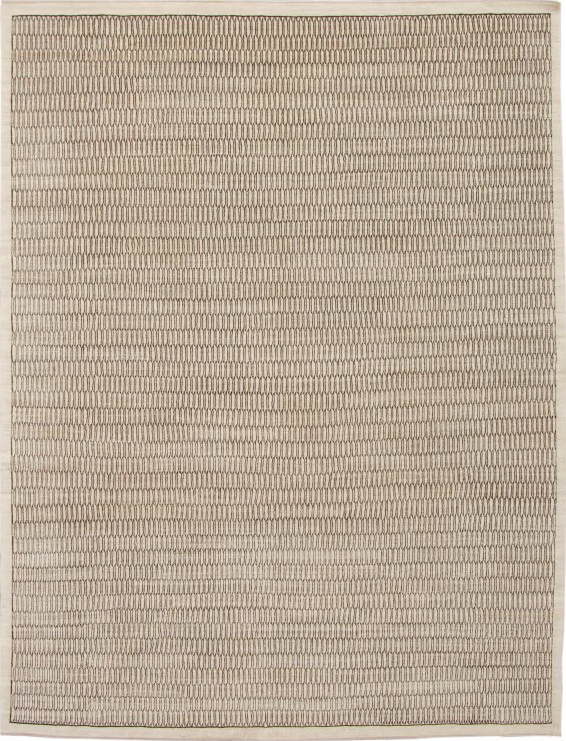 A handknotted modern Persian carpet in neutral cream and brown tones, crafted from wool and silk with an architectural design