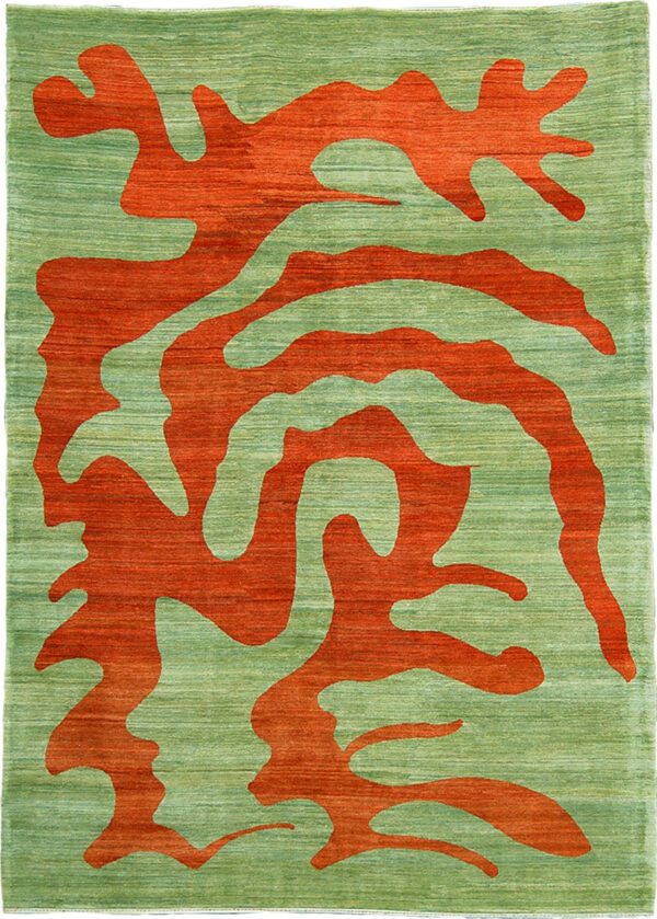 Smoke and Fire - Contemporary Abstract carpet in Green and Orange wool - 6'x9' - Overall Carpet Photo