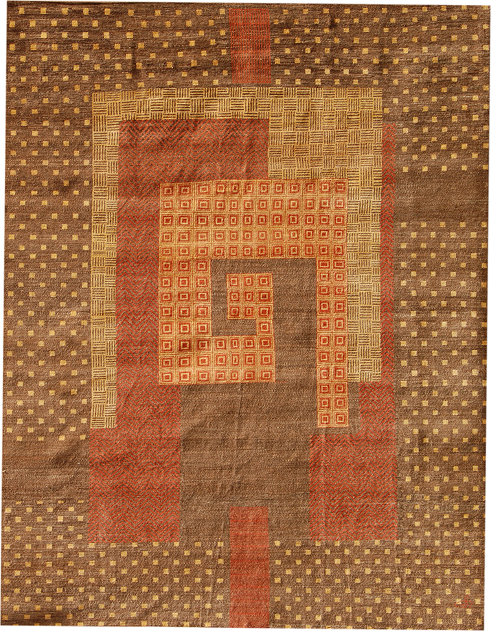 Labyrinth brown red tan art deco wool area rug