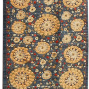 Blue red and cream abstract galaxy runner, glimmer, artisan hand-knotted rug in vegetable dyed, handspun pure wool and silk