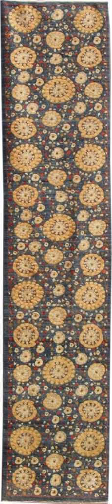 Blue red and cream abstract galaxy runner, glimmer, artisan hand-knotted rug in vegetable dyed, handspun pure wool and silk